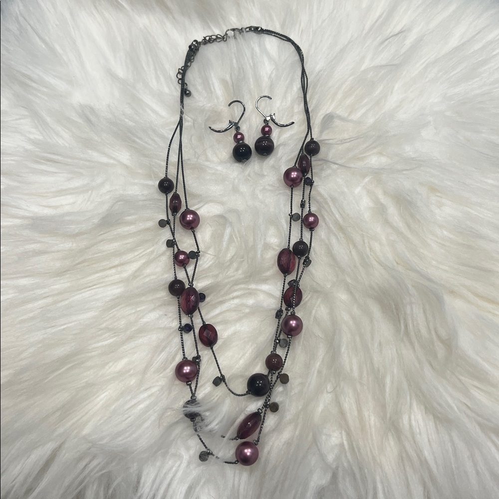 Three (3) Tier Black Necklace with Purple Faceted Stones & Drop Earrings